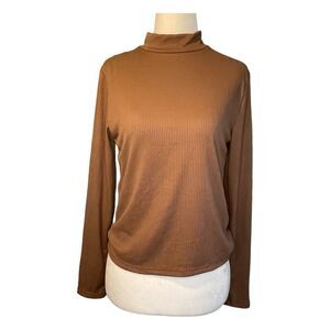 Brit & Bri Ribbed Mock Neck‎ Top Brown Lightweight Knit Long Sleeve Pull-Over M